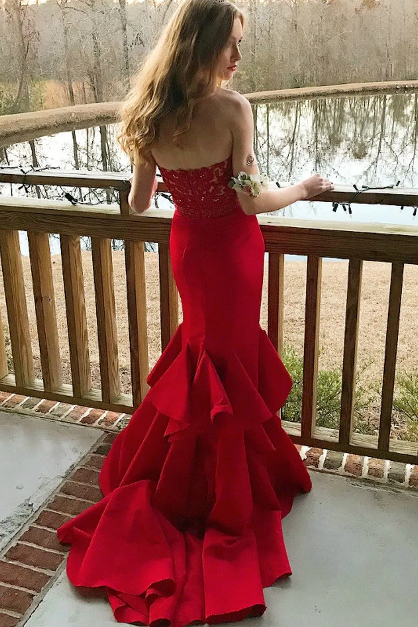 Plunging Sweetheart Lace Red Mermaid Prom Gown with Ruffled Skirt