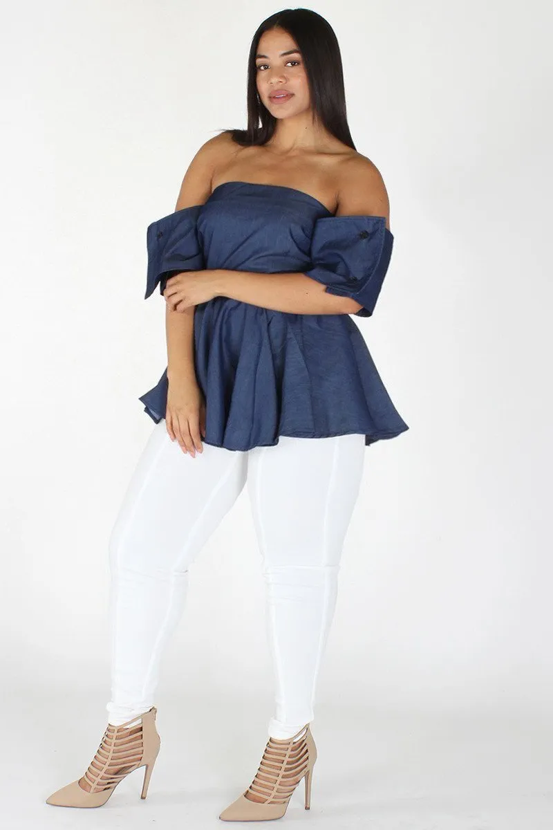 Plus Size Elegant Off Shoulder Denim Flare Top [PRE-ORDER 25% OFF]