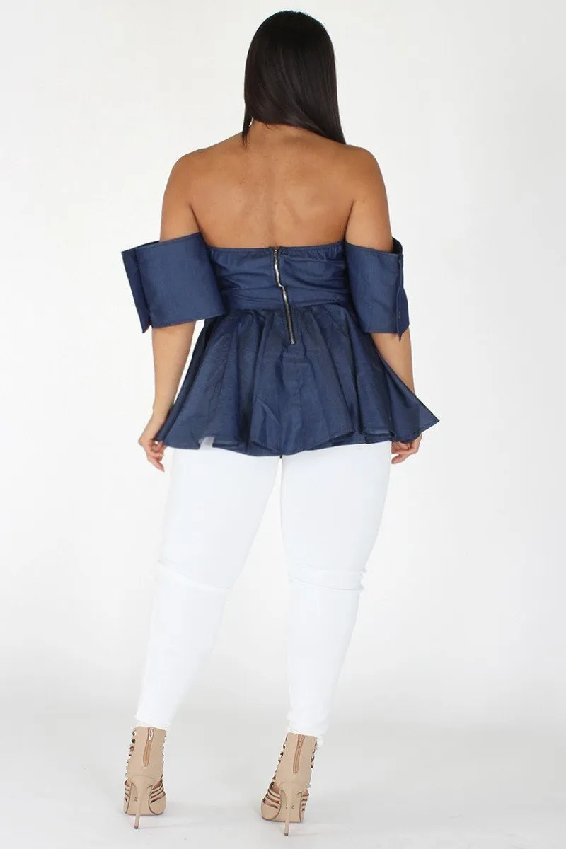 Plus Size Elegant Off Shoulder Denim Flare Top [PRE-ORDER 25% OFF]