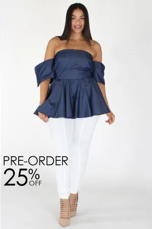 Plus Size Elegant Off Shoulder Denim Flare Top [PRE-ORDER 25% OFF]
