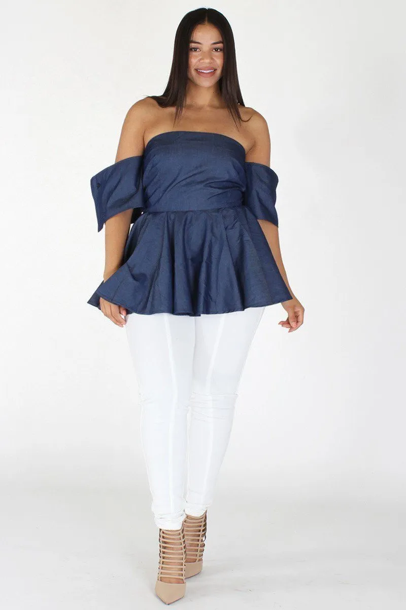 Plus Size Elegant Off Shoulder Denim Flare Top [PRE-ORDER 25% OFF]