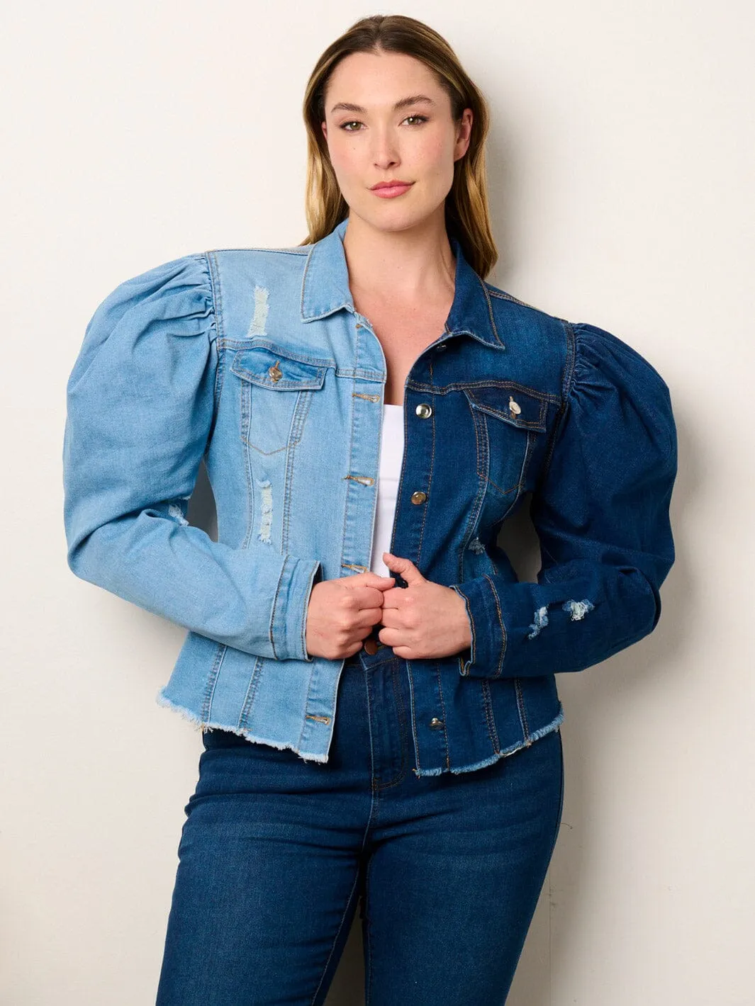 PLUS SIZE LONG PUFF SLEEVE BUTTON CLOSURE COLORBLOCK DENIM JACKET