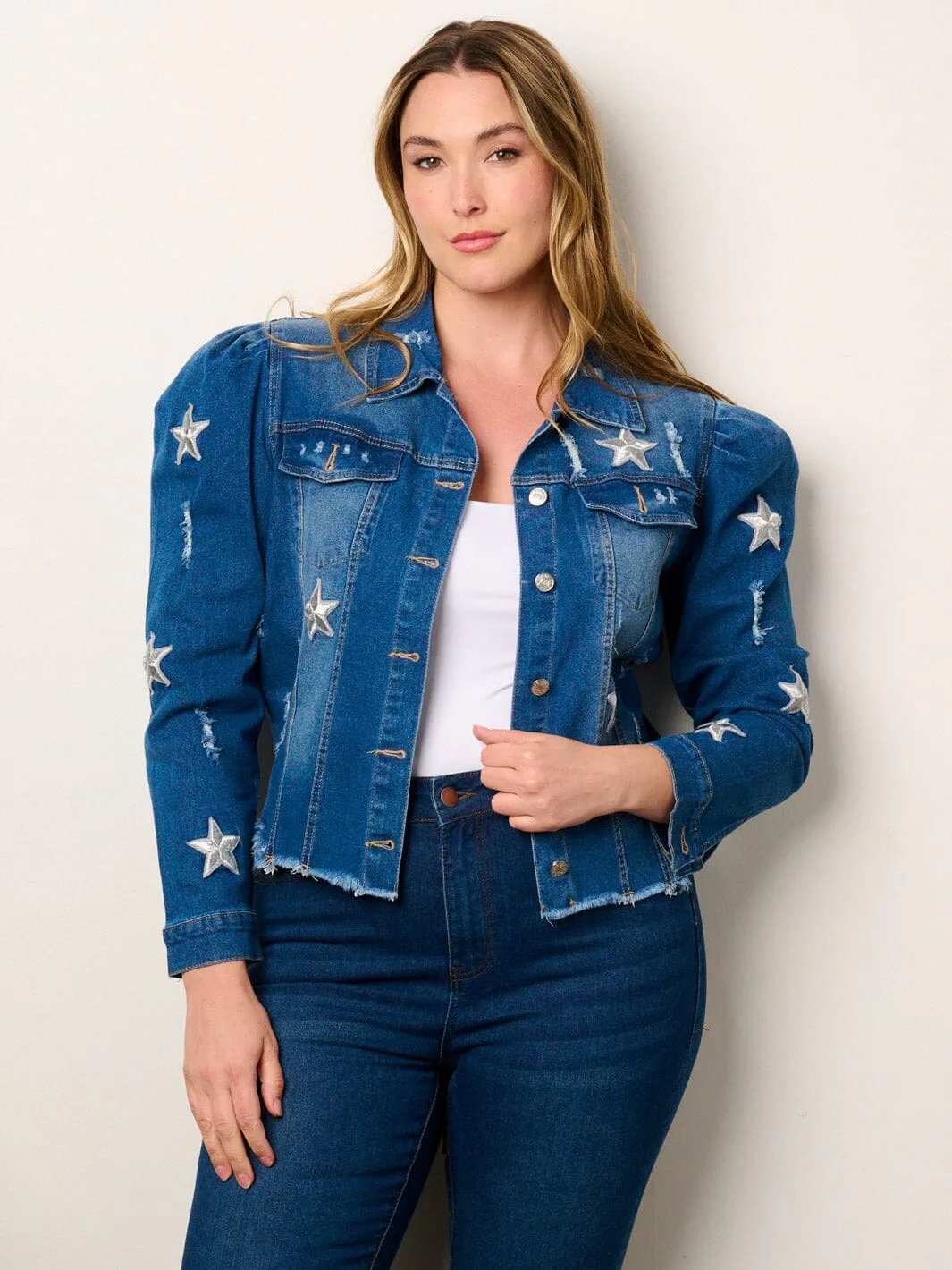 PLUS SIZE LONG PUFF SLEEVE STARS EMBROIDERY DISTRESS DENIM JACKET