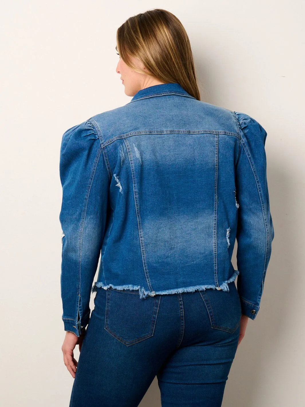 PLUS SIZE LONG PUFF SLEEVE STARS EMBROIDERY DISTRESS DENIM JACKET
