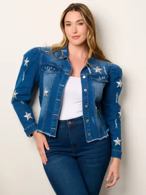 PLUS SIZE LONG PUFF SLEEVE STARS EMBROIDERY DISTRESS DENIM JACKET