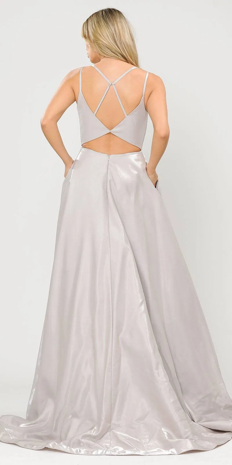 Poly USA 8644 Open-Back Long Prom Dress A-Line with Pockets