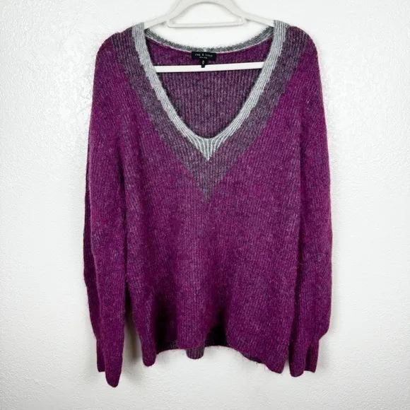 Rag &amp; Bone Jonie Deep V-Neck Sweater Alpaca Wool Blend Purple Size Medium