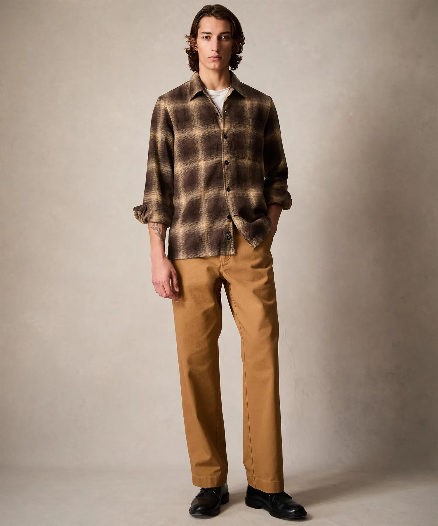 Relaxed Fit Plaid Flannel Overshirt in Brown