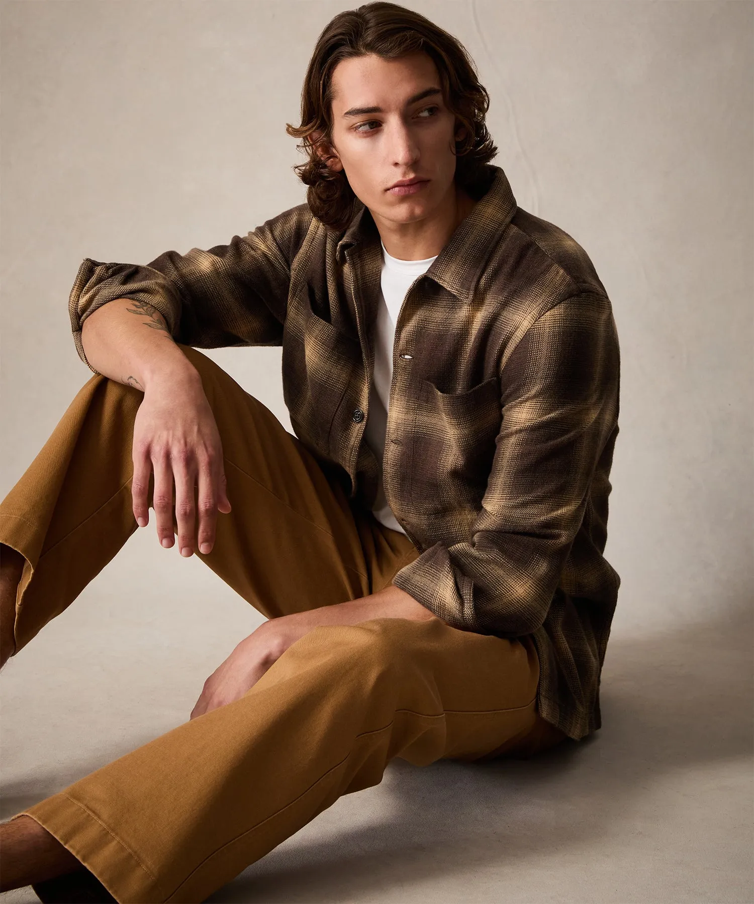 Relaxed Fit Plaid Flannel Overshirt in Brown