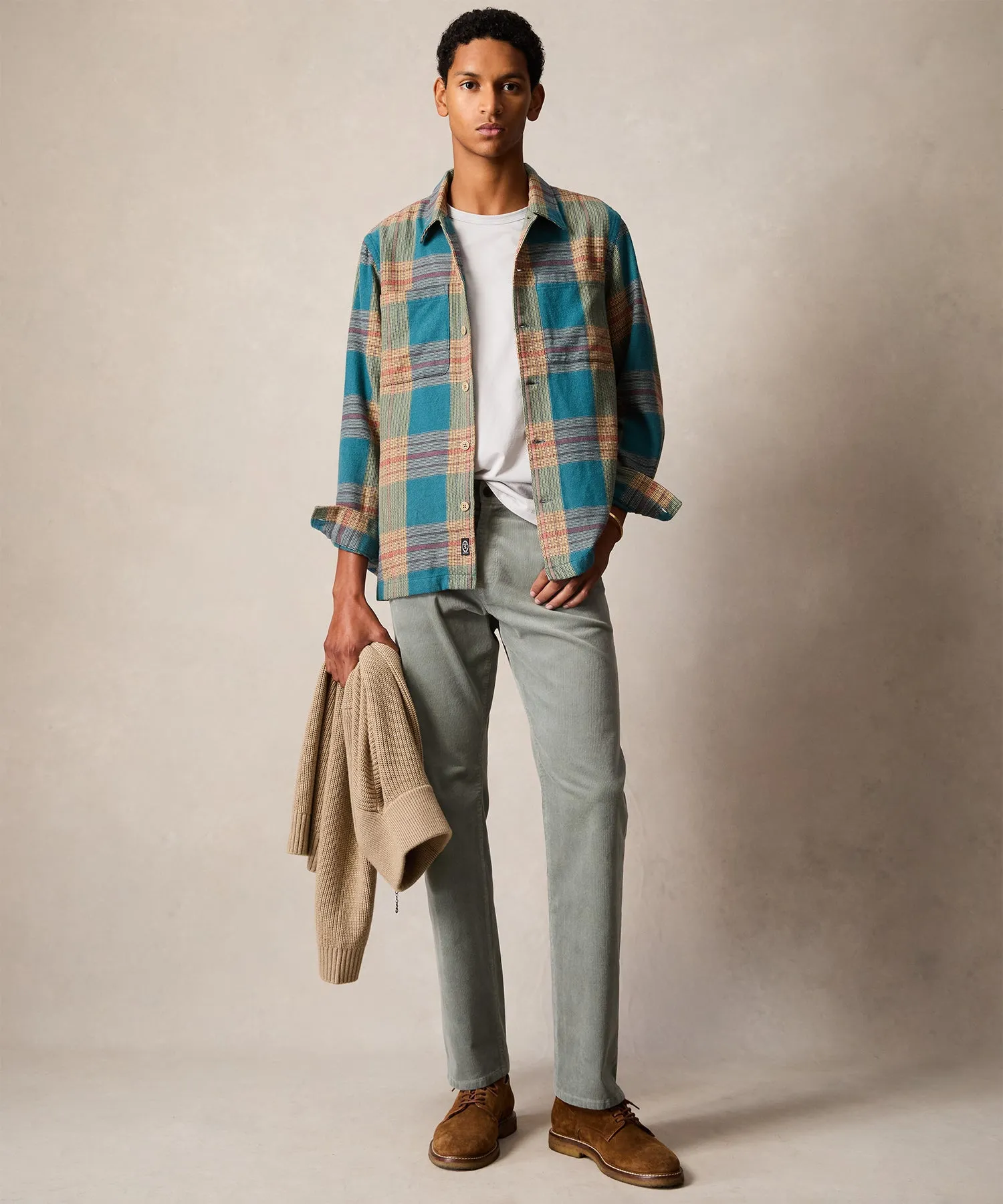 Relaxed Fit Plaid Flannel Overshirt in Light Blue