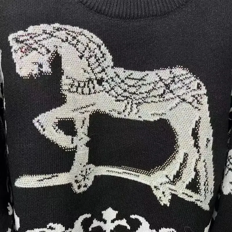 Rhinestone Horse Print Knitted Sweater