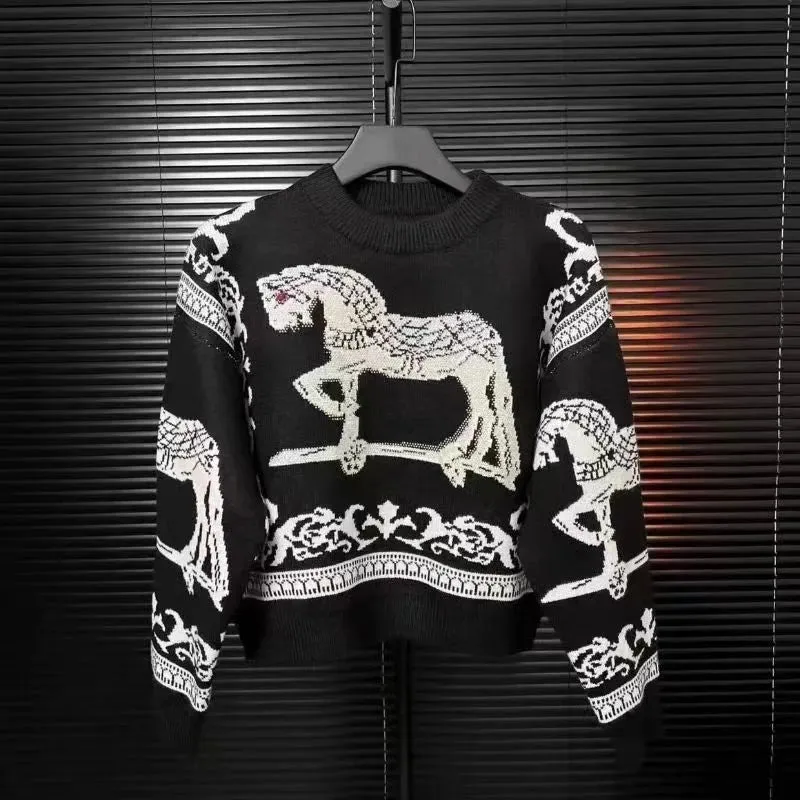 Rhinestone Horse Print Knitted Sweater