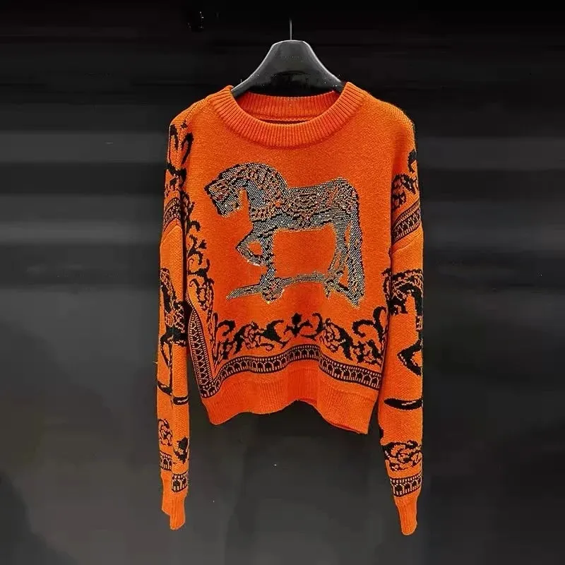 Rhinestone Horse Print Knitted Sweater