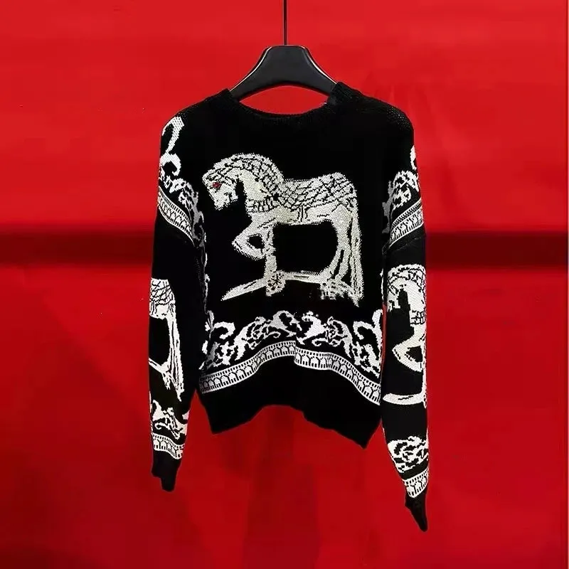 Rhinestone Horse Print Knitted Sweater