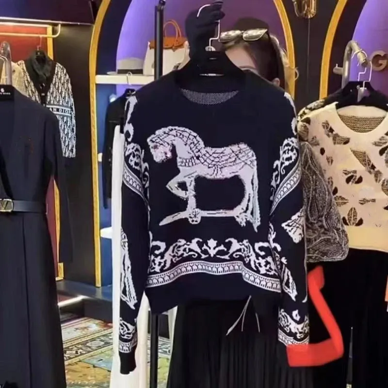Rhinestone Horse Print Knitted Sweater