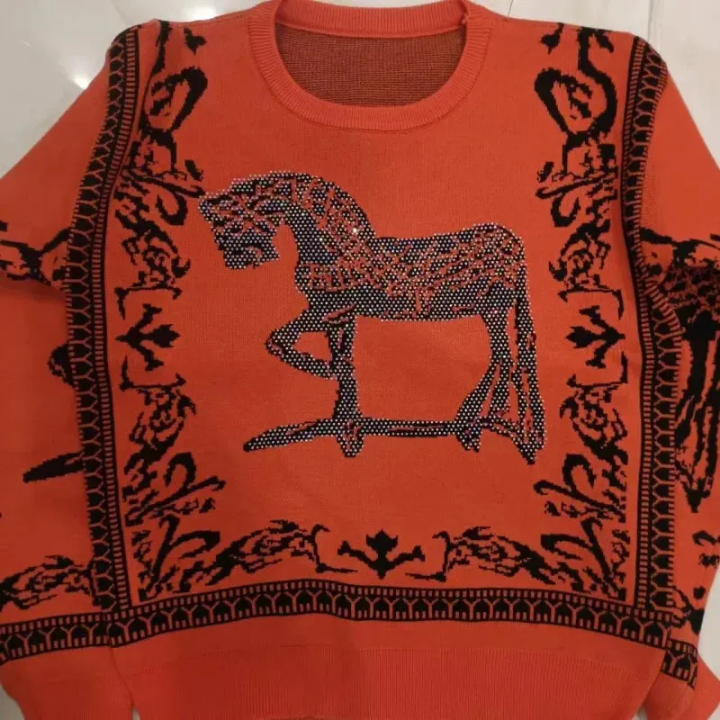 Rhinestone Horse Print Knitted Sweater