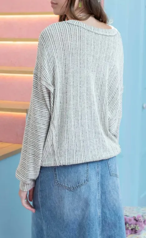 Rib Striped Drop Shoulder V Neck Knit Top w Raw Edge Detail