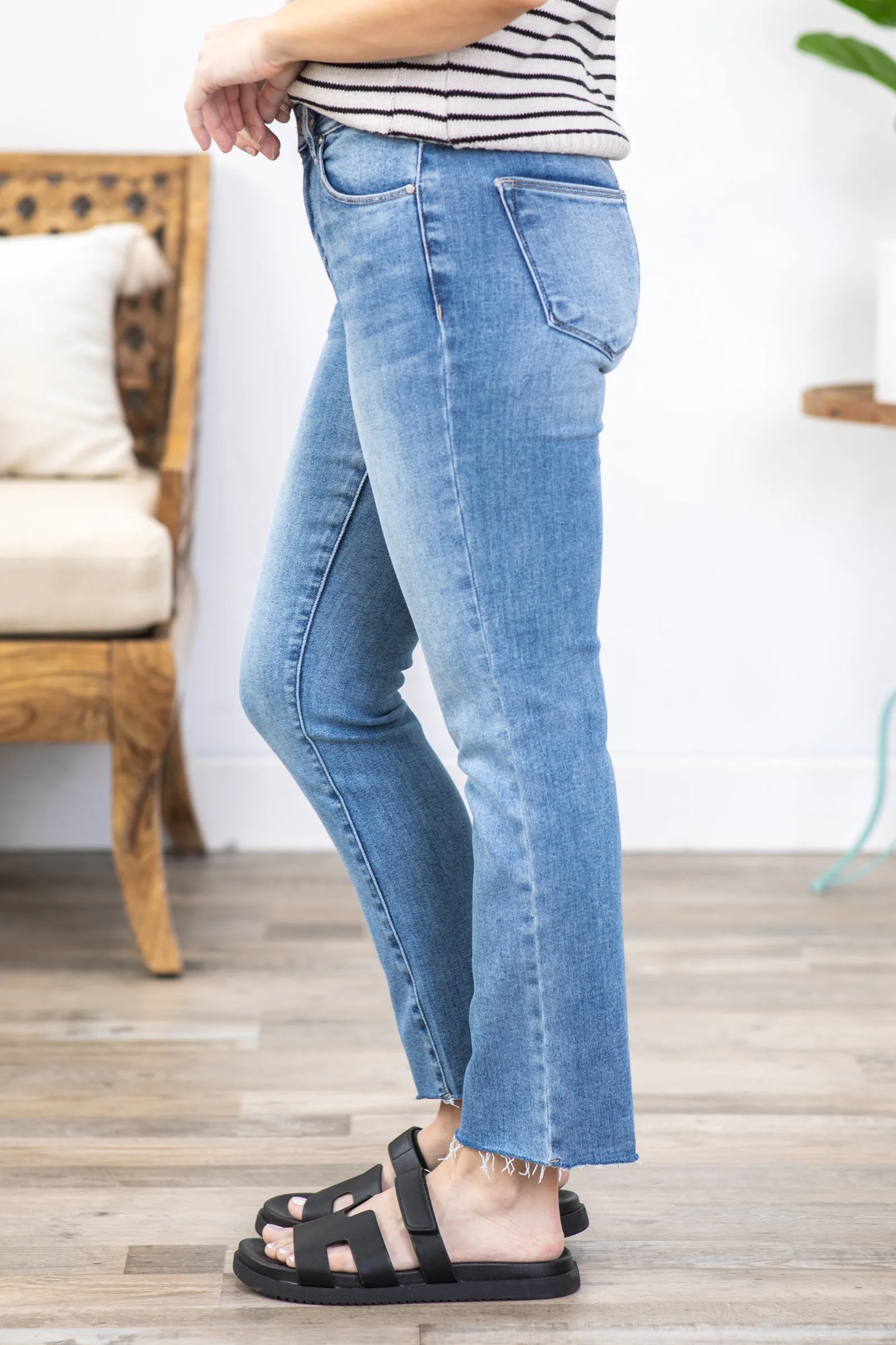 Risen Mid Rise Raw Hem Straight Leg Jeans