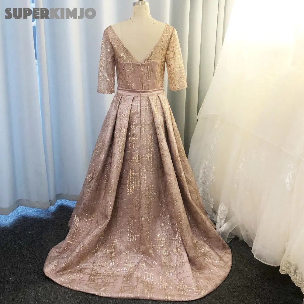 rose pink evening dresses 2020 detachable train sparkle long sleeve v neck evening gown long vestido de festa