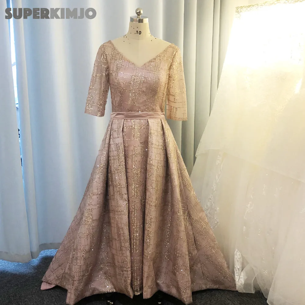 rose pink evening dresses 2020 detachable train sparkle long sleeve v neck evening gown long vestido de festa