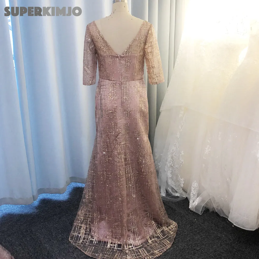 rose pink evening dresses 2020 detachable train sparkle long sleeve v neck evening gown long vestido de festa