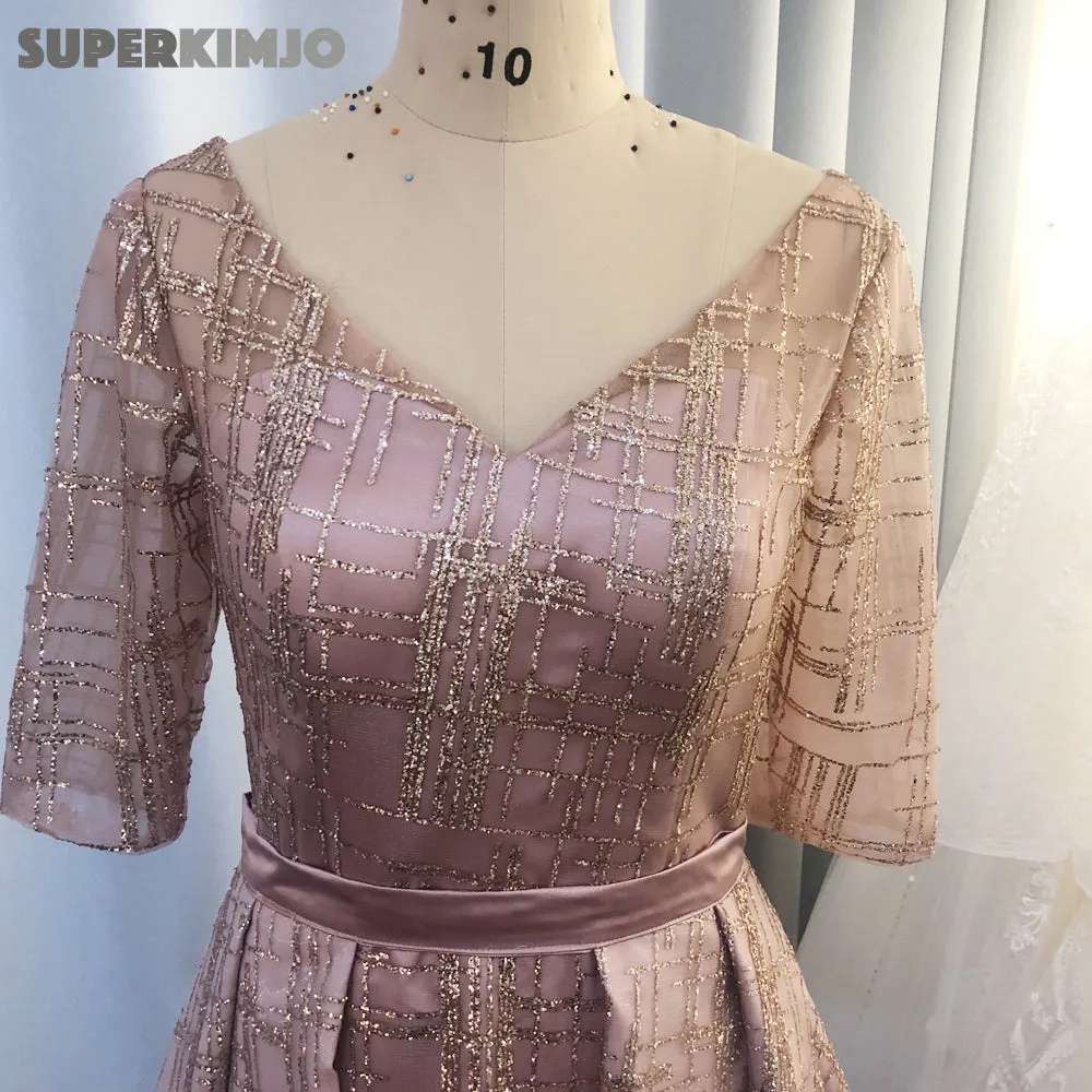 rose pink evening dresses 2020 detachable train sparkle long sleeve v neck evening gown long vestido de festa