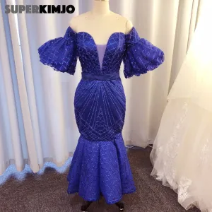 royal blue evening dresses short 2020 sparkle off the shoulder mermaid elegant evening gown formal dress