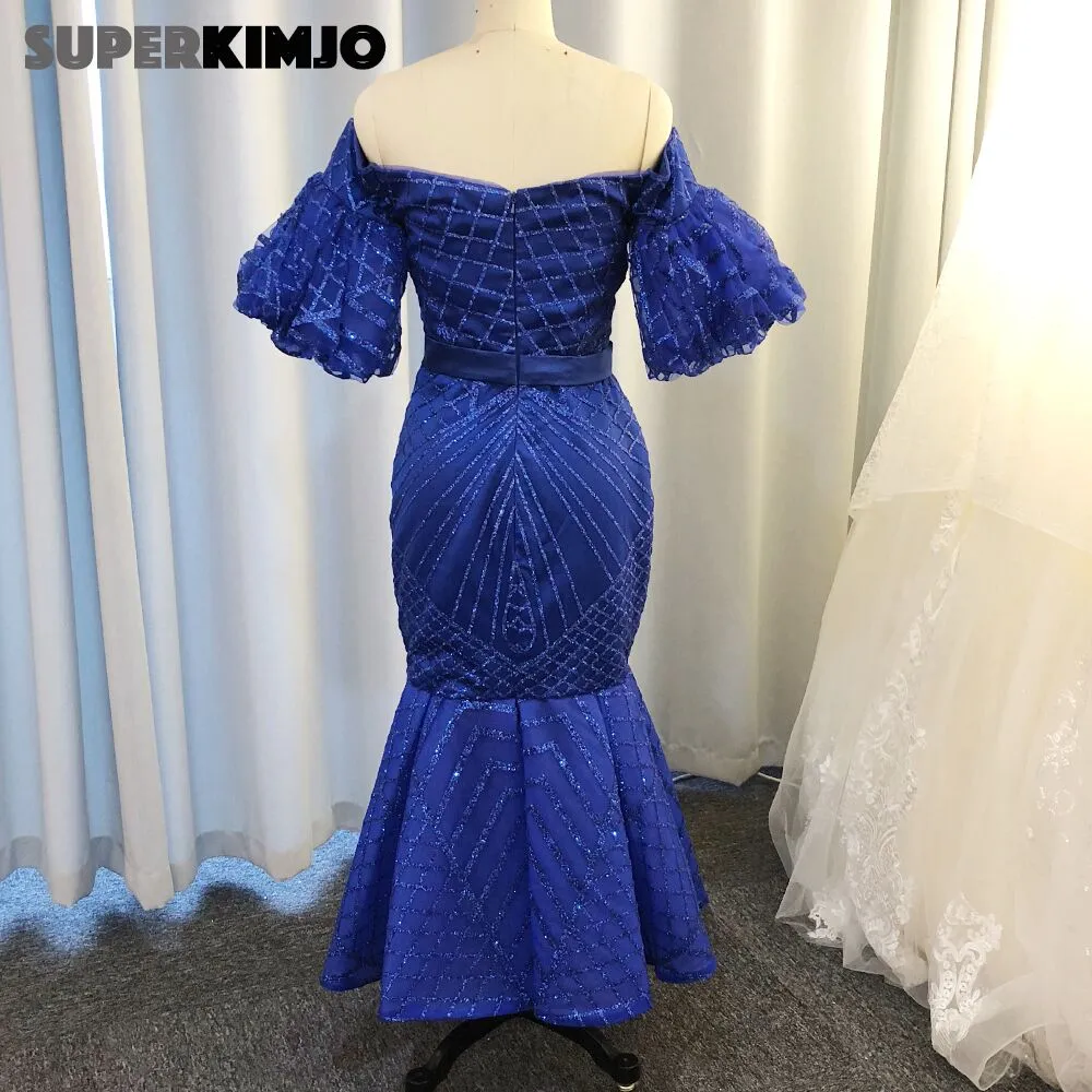 royal blue evening dresses short 2020 sparkle off the shoulder mermaid elegant evening gown formal dress