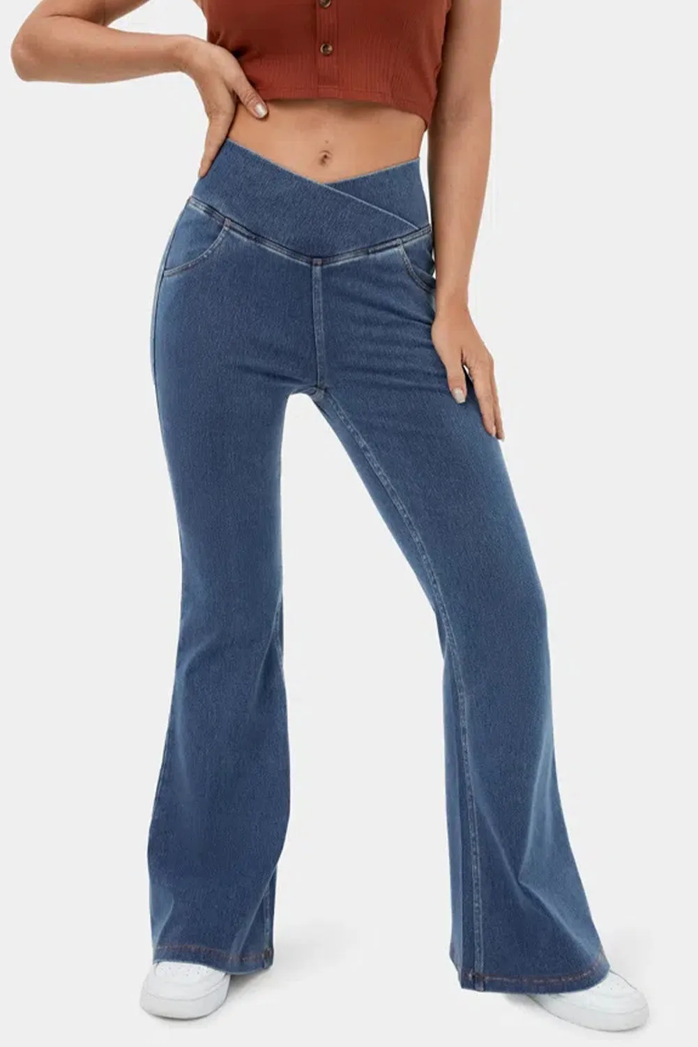 Sail Blue Crossover High Waisted Stretchy Flare Jeans