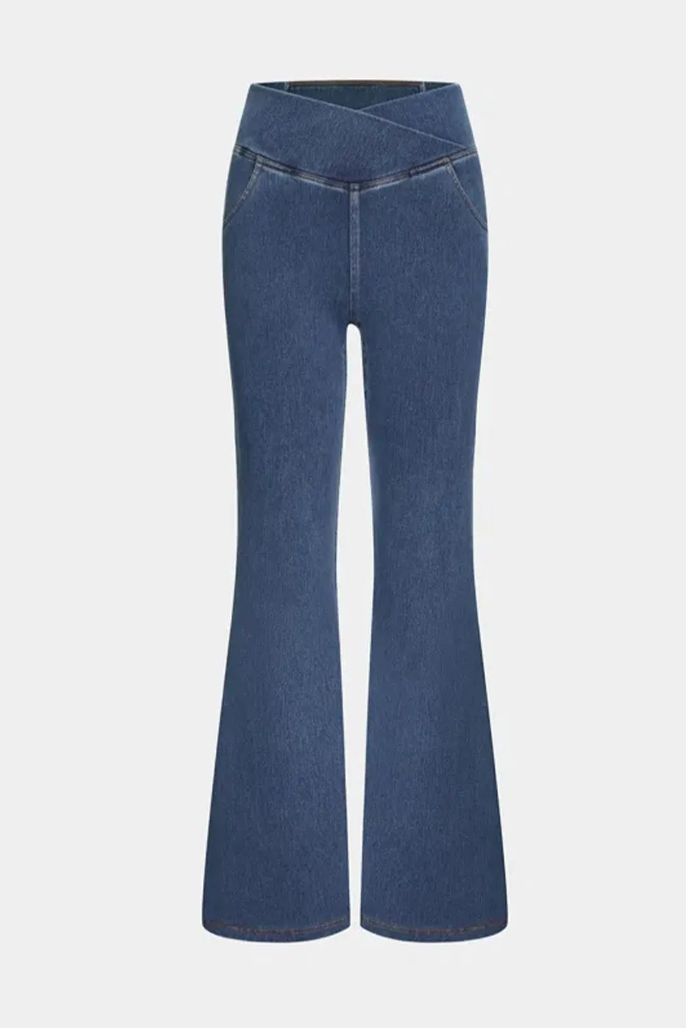 Sail Blue Crossover High Waisted Stretchy Flare Jeans