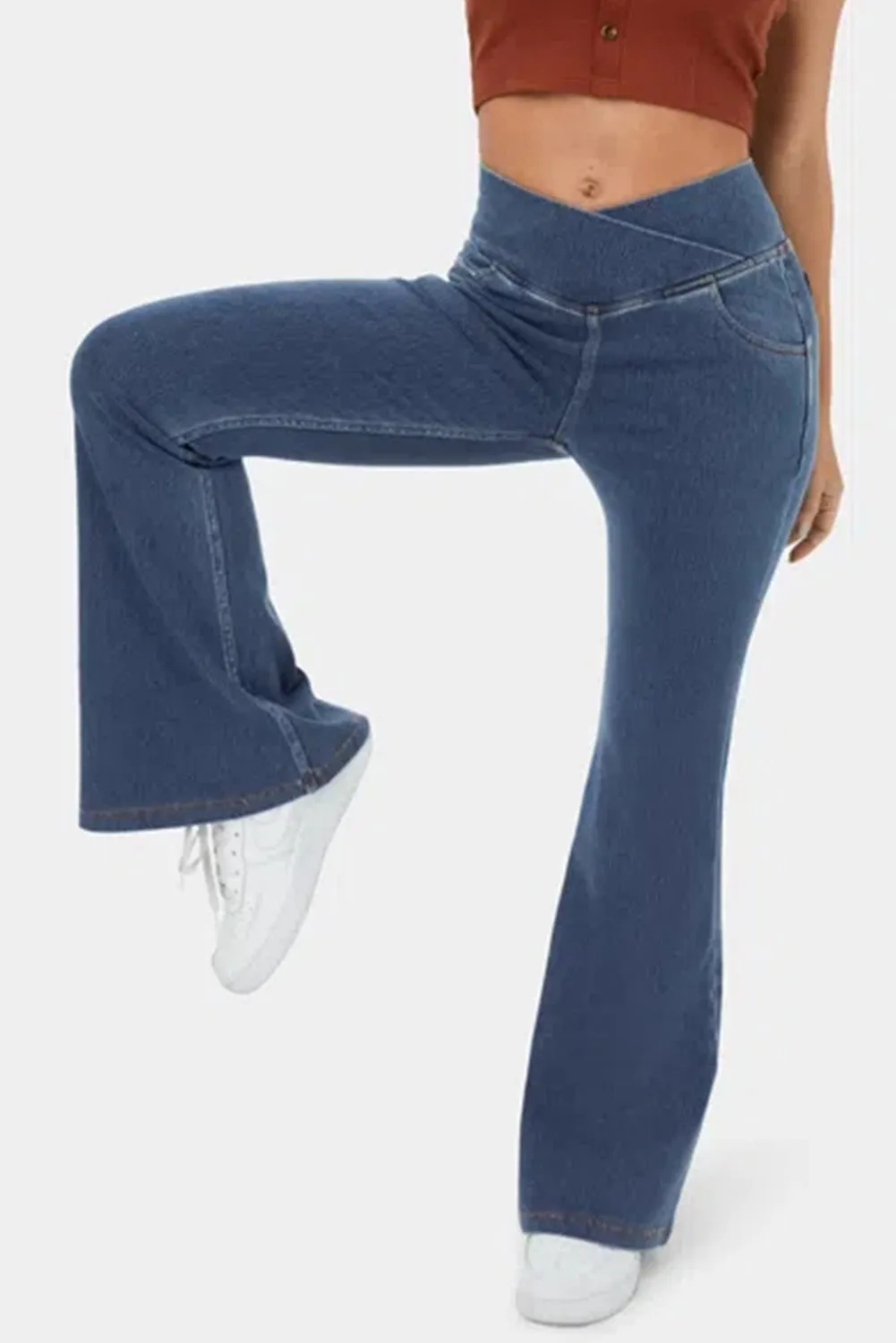 Sail Blue Crossover High Waisted Stretchy Flare Jeans