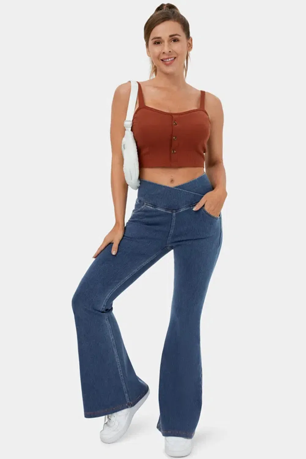 Sail Blue Crossover High Waisted Stretchy Flare Jeans