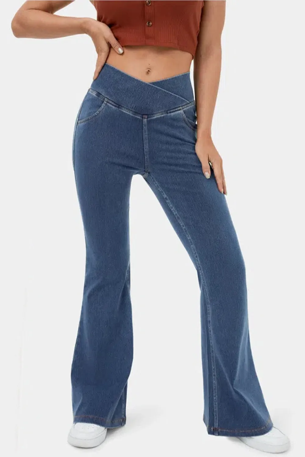 Sail Blue Crossover High Waisted Stretchy Flare Jeans