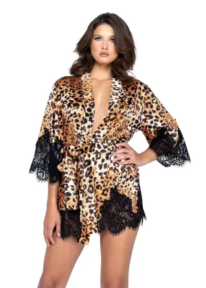 Satin and Lace Leopard Print Robe Dressing Gown