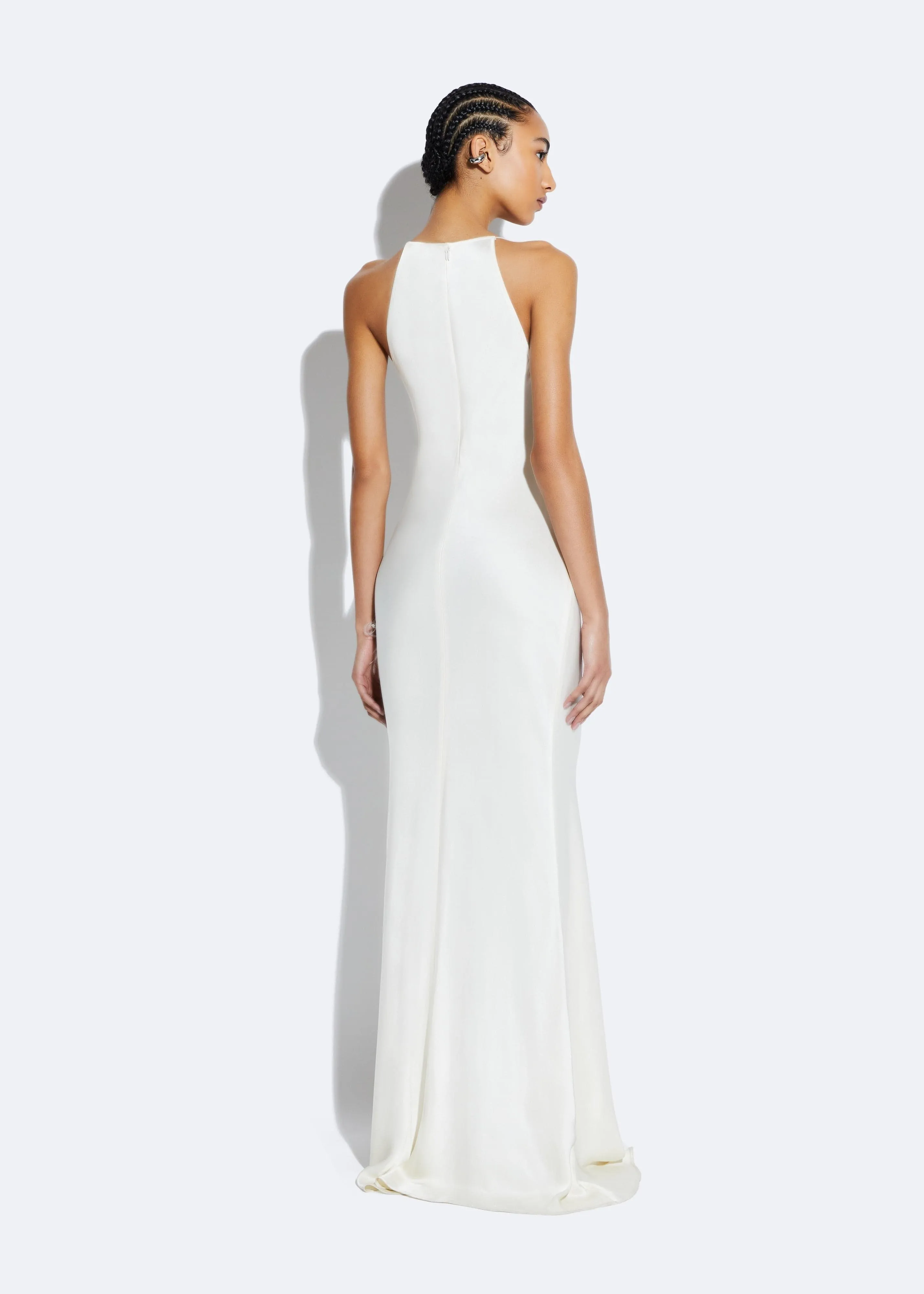 Satin Halter Gown With Feathers