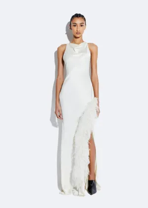 Satin Halter Gown With Feathers