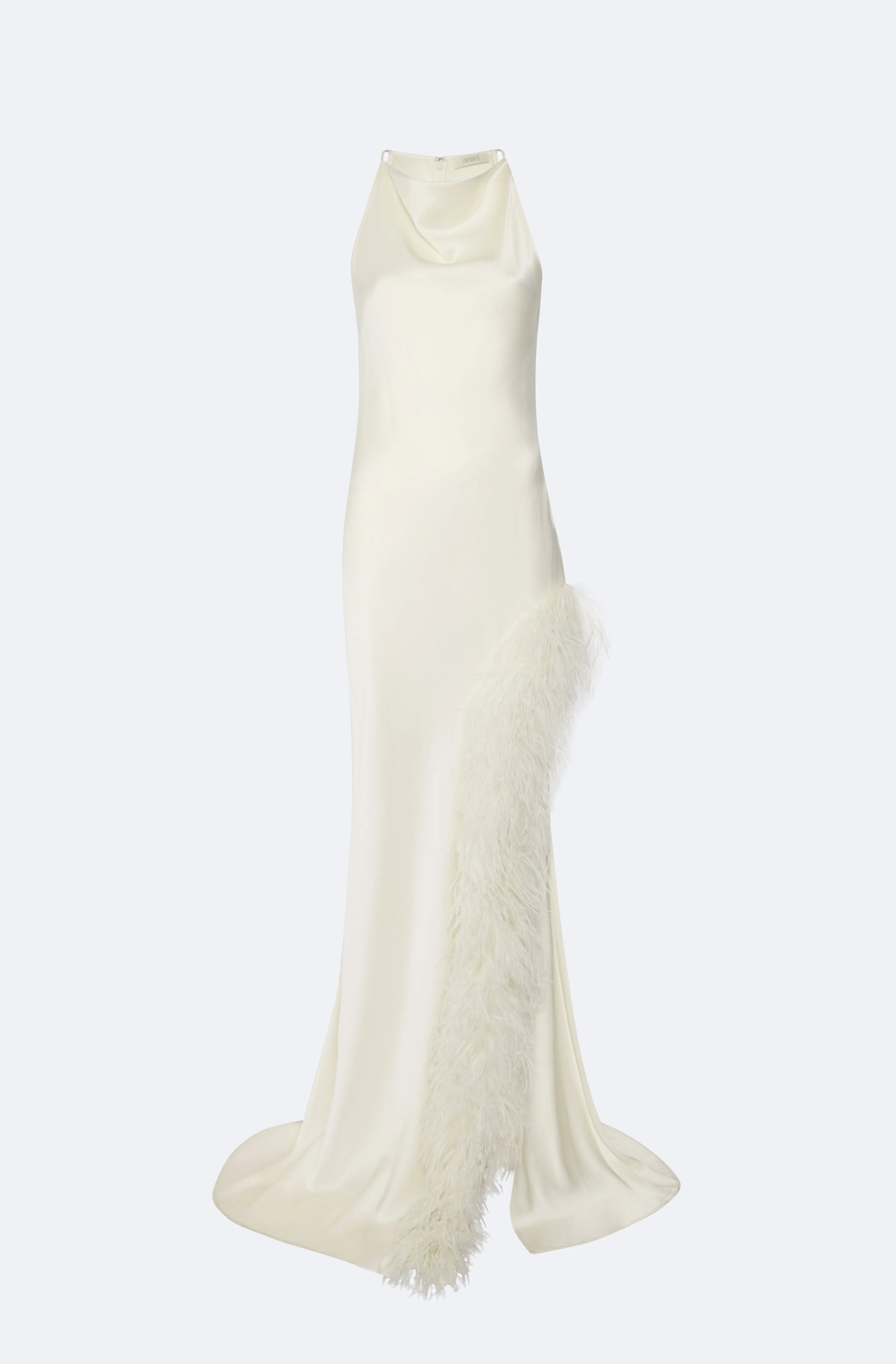 Satin Halter Gown With Feathers