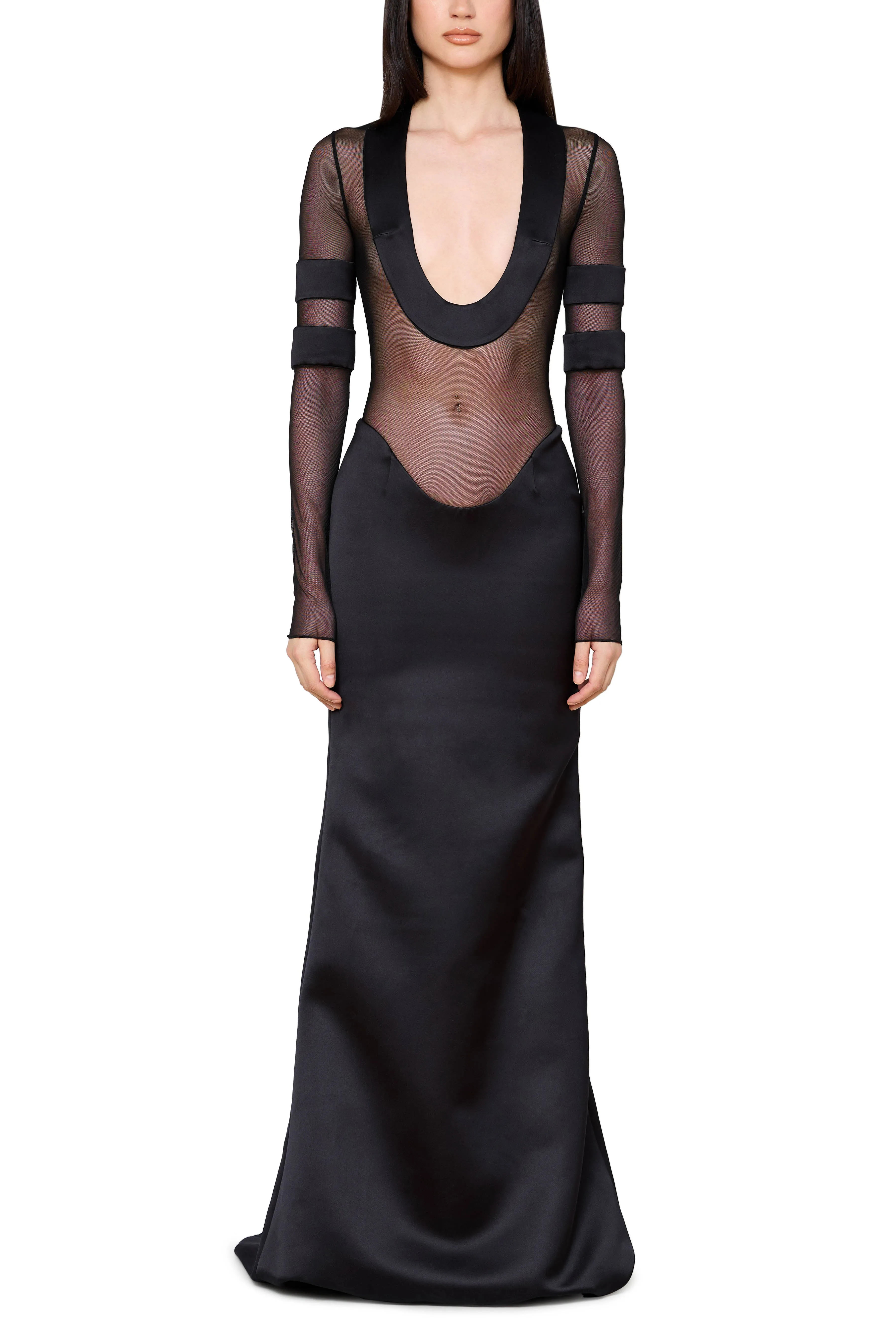 Scoop Neck Gown with Satin Trim