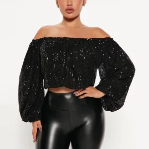 Sequins Off Shoulder Lantern Sleeve Crop Top