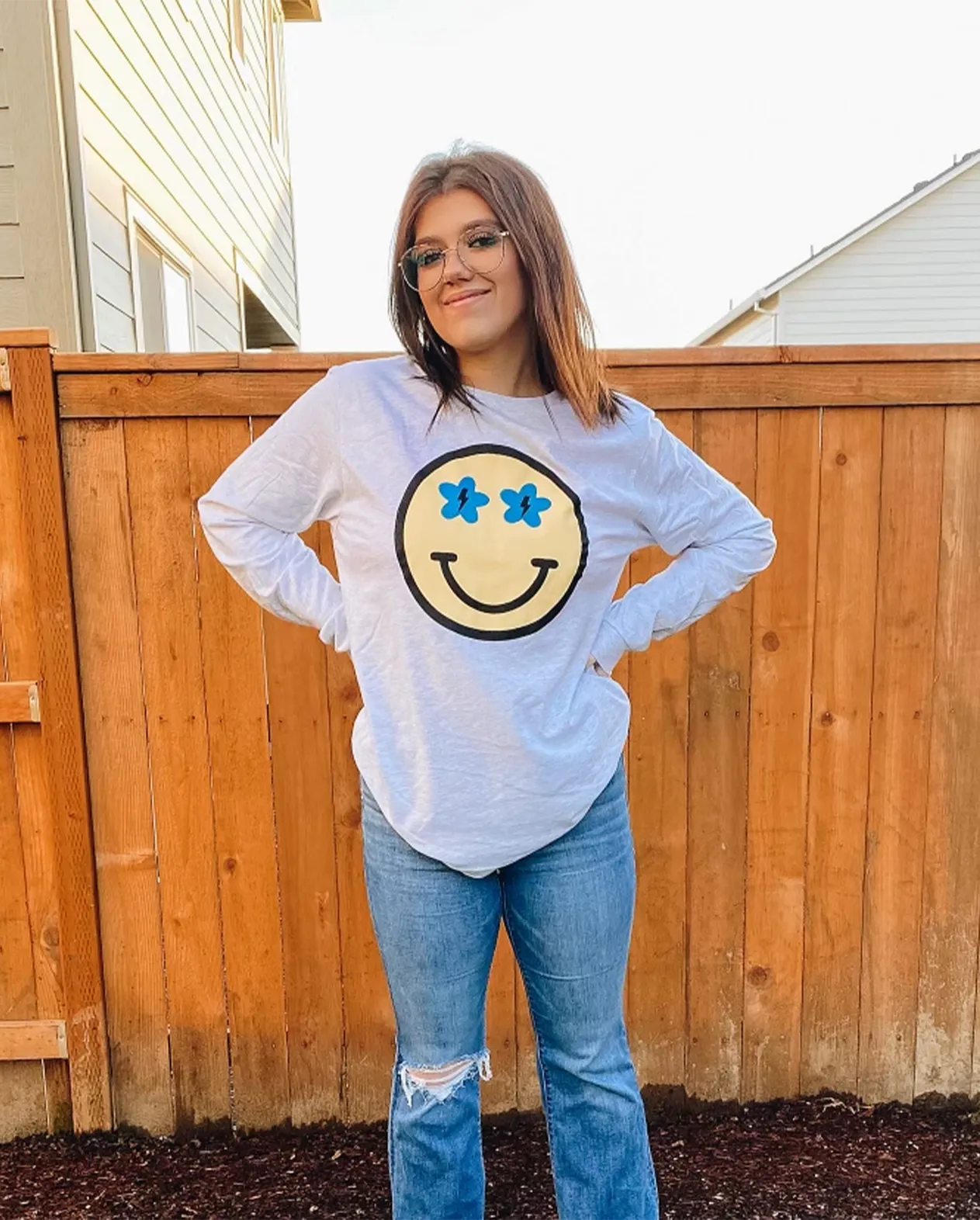 Smiley Long Sleeve Tee - Ash Grey