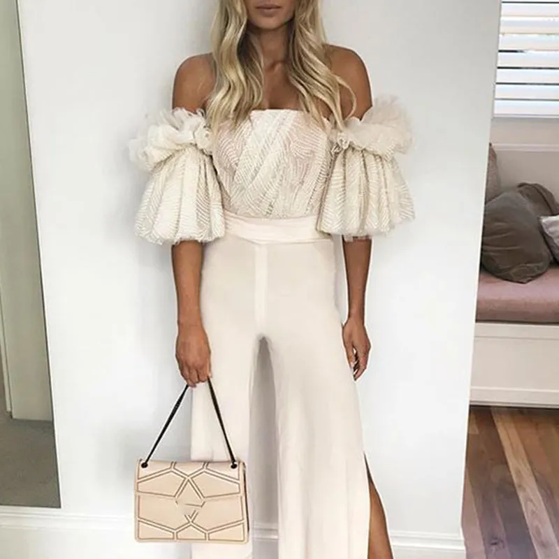 Strapless Shirt For Women Off Shoulder Embroidery Ruffles Flare Sleeve Top