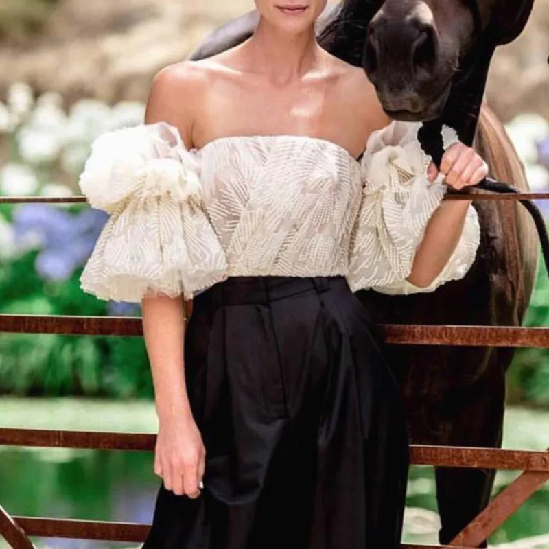 Strapless Shirt For Women Off Shoulder Embroidery Ruffles Flare Sleeve Top
