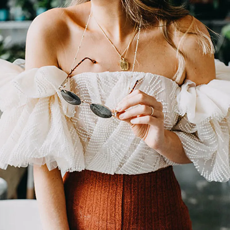 Strapless Shirt For Women Off Shoulder Embroidery Ruffles Flare Sleeve Top