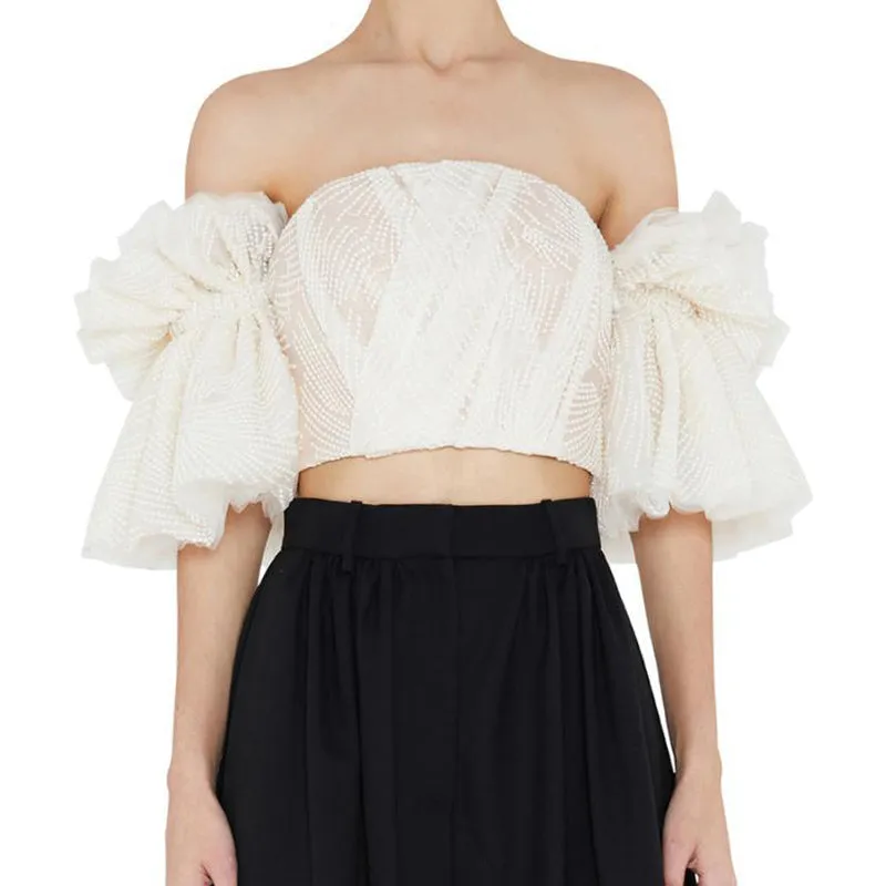 Strapless Shirt For Women Off Shoulder Embroidery Ruffles Flare Sleeve Top