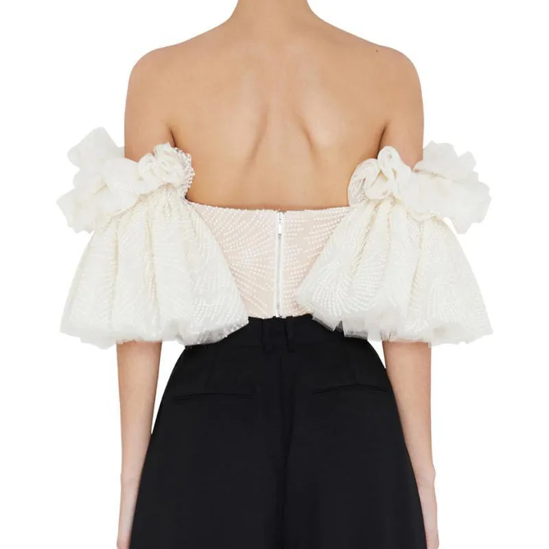 Strapless Shirt For Women Off Shoulder Embroidery Ruffles Flare Sleeve Top
