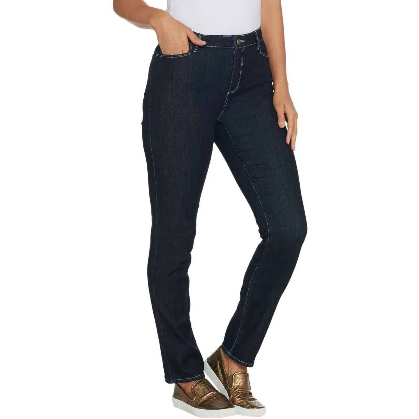 Susan Graver Plus Size High Stretch Denim Fly Front Jeans