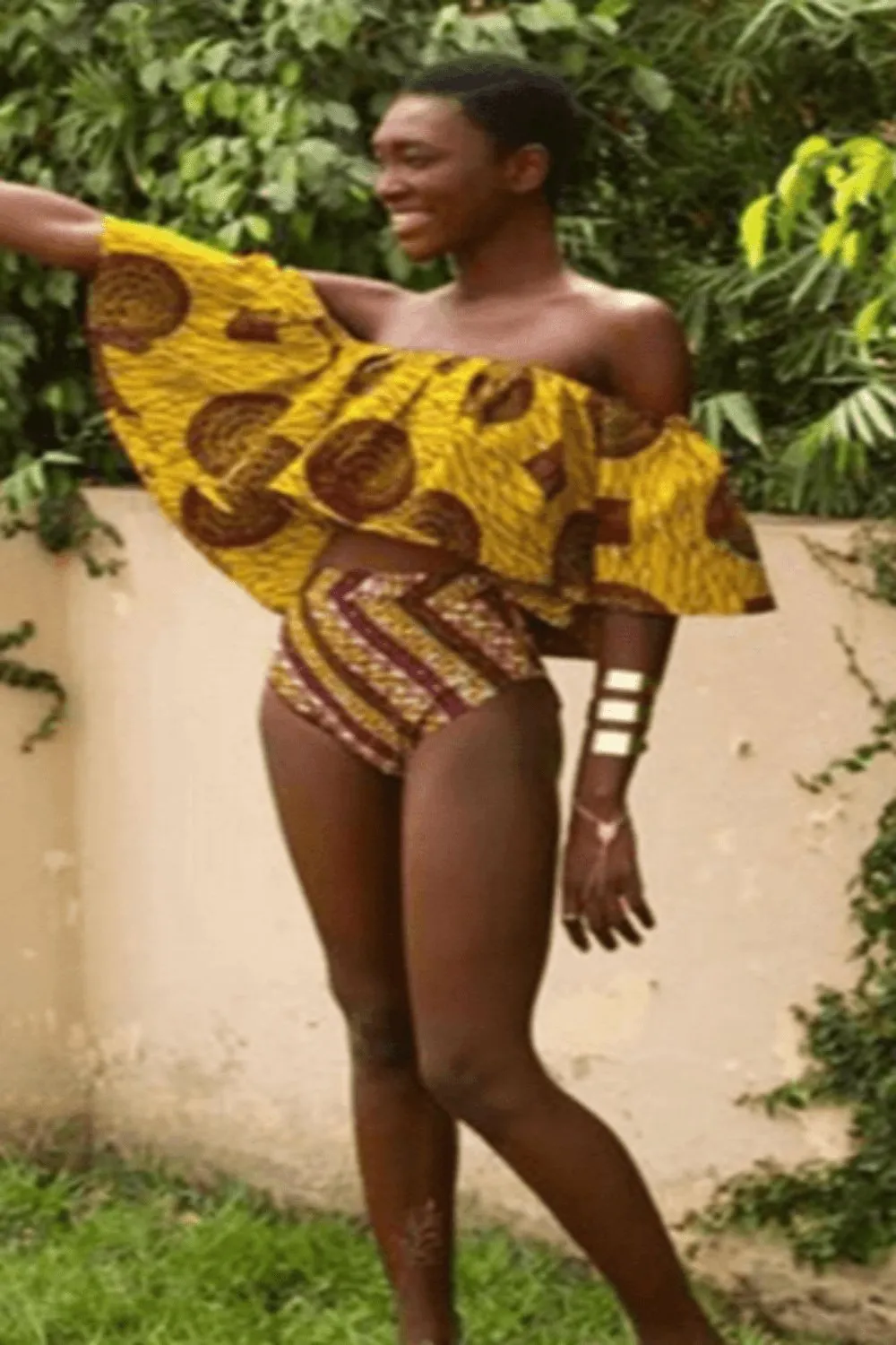 Terra Yellow Aztec Striped Ruffle Bikini
