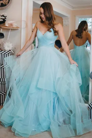 Tiffany Blue Tulle Prom Dress with Horsehair Trim