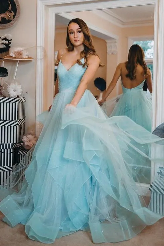 Tiffany Blue Tulle Prom Dress with Horsehair Trim
