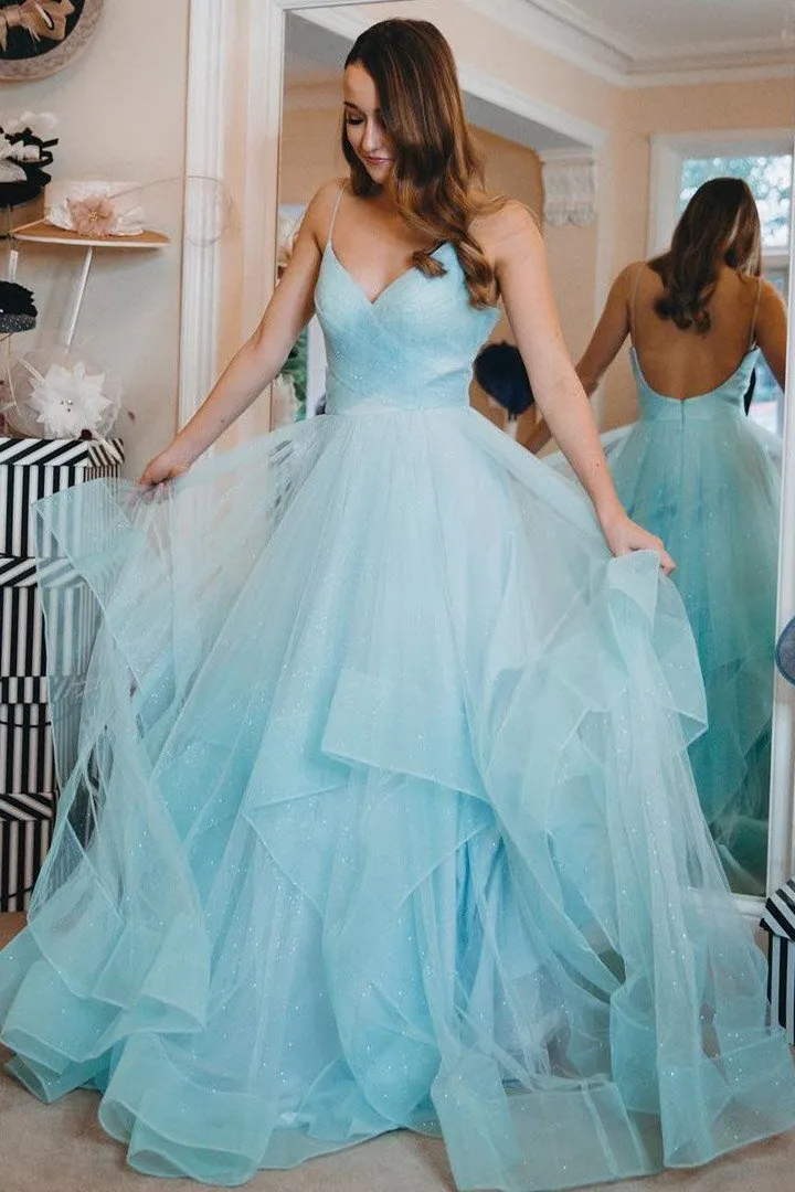 Tiffany Blue Tulle Prom Dress with Horsehair Trim